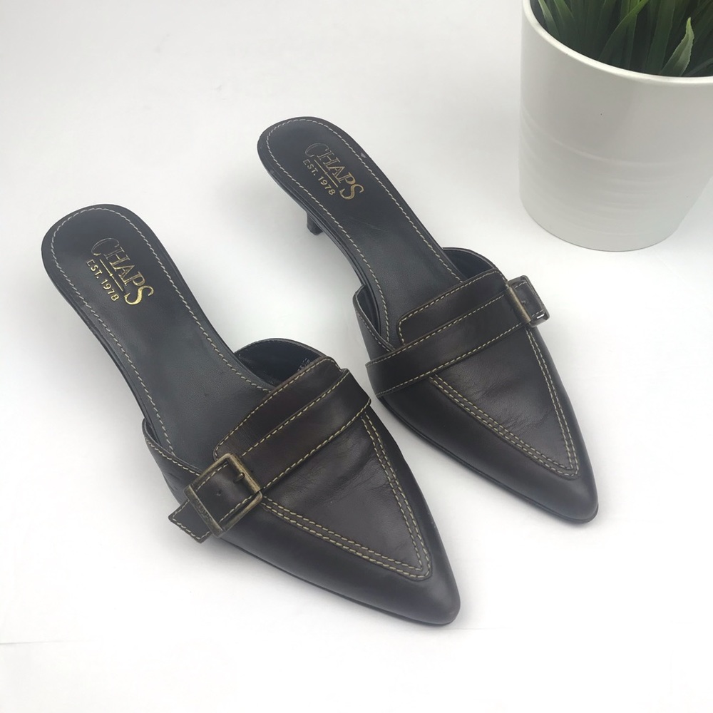 CHAPS Teresa Brown Leather Mules w Gold Buckle Sz 6.5 • 2¼" Heel • EUC - Picture 2 of 6